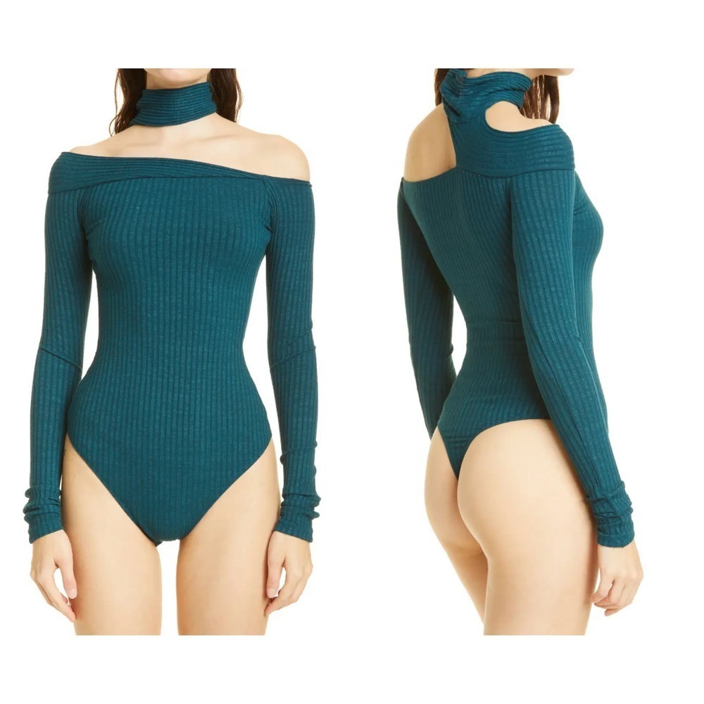 ALIX NYC Teal Ribbed Off-Shoulder Long Sleeve Bodysuit